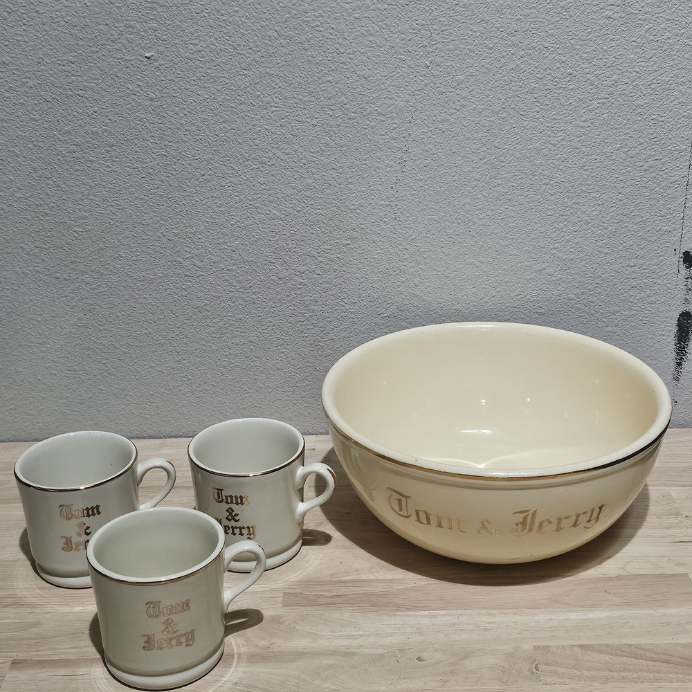 Homer Laughlin Tom & Jerry Punch Bowl  & 3 Mugs Vintage Mid Century